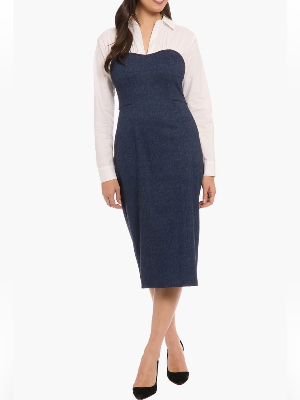 London Times long sleeve twofer denim sheath dress size 4
